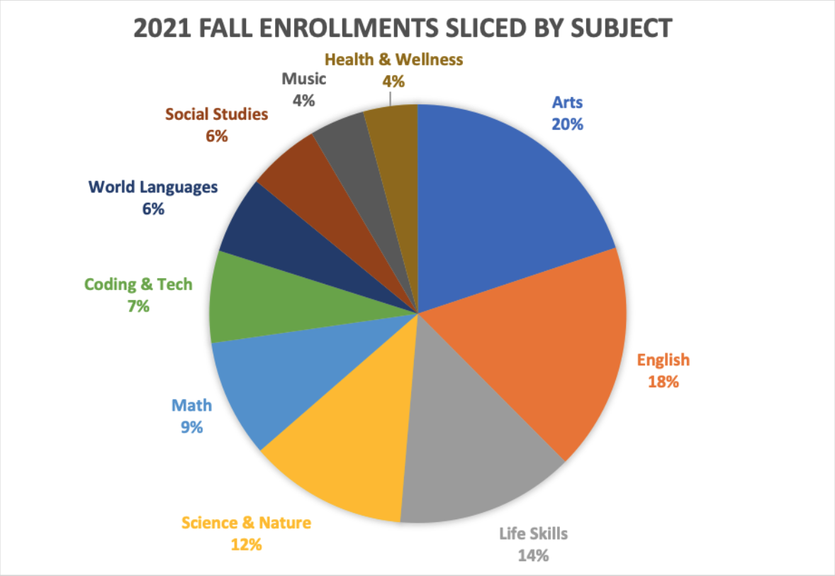 pie chart showing 2021 fall enrollments by class topic
